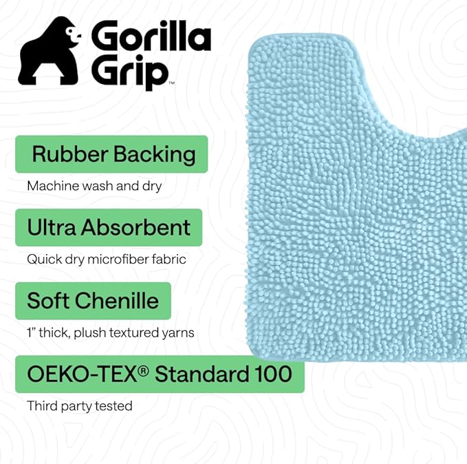 GORILLA GRIP Plush Absorbent Shaggy Chenille Bath Rug Mat for Oval Toilet Base with Rubber Backing, Machine Washable Rugs, Soft Microfiber Contour Mats for Toilets, Quick Dry, Bathroom Decor, Sky