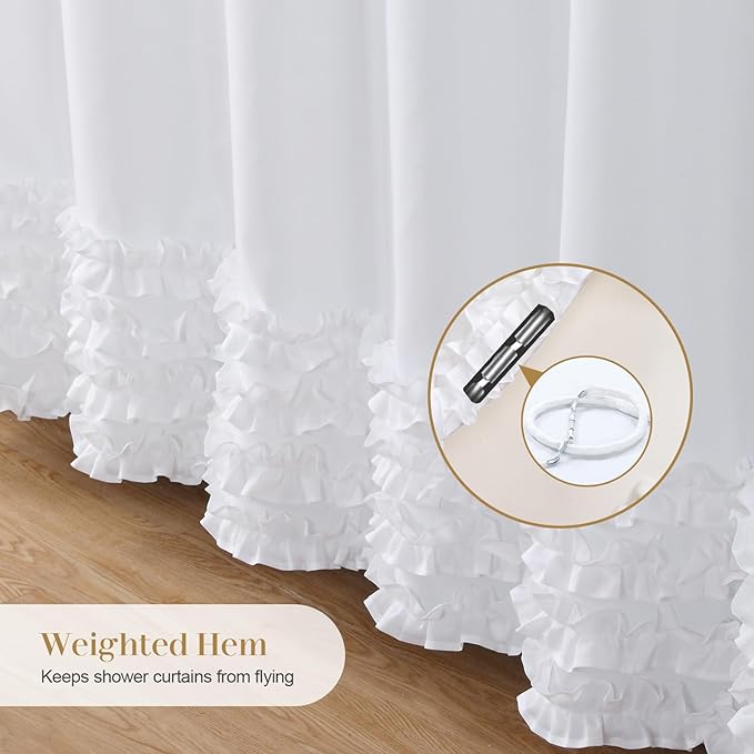 White Ruffle Shower Curtain, Girls Women Fabric Shower Curtain with Delicate Handcrafted Ruffles, Waterproof Ruched Farmhouse Decorative Bathroom Curtain, 72" W x 72" H