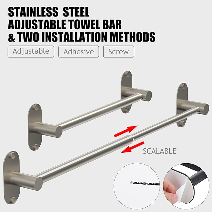 Towel Bar, Adjustable 14.4inch - 25.2inch Towel Rack, Self Adhesive & Wall Mounted for Bathroom Kitchen Hand Towel Holder Cloths Hanger SUS 304 Stainless Steel Single Bar (3, Brushed Nickel)