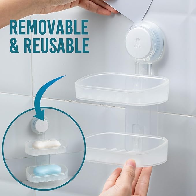 TAILI Soap Holder Soap Dish for Shower, Suction Cup Soap Holder for Shower Wall, Bathroom Accessories, Removable Strong Hold Soap Saver, Drill Free Double Soap Dish, Clear 2 Layer