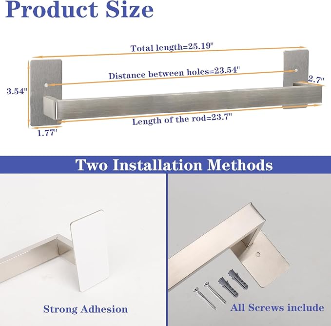 Bathroom Towel Bar Self Adhesive, No Drilling Towel Rack Easy to Install, Hand Towel Holder Made of Premium Stainless Steel Sticky on Hand Towel Hanger for Kitchen, Toilet.(24IN, Brushed)