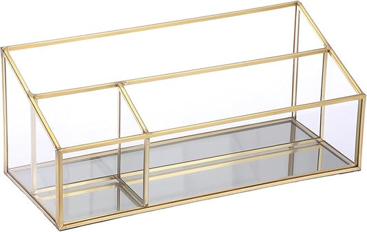 Hipiwe Makeup Organizer Countertop Cosmetic Display Case Gold Glass Vanity Storage Holder 3 Slots Dresser Bathroom Counter Organizer for Makeup Brush Lipsticks Perfume Skincare Products