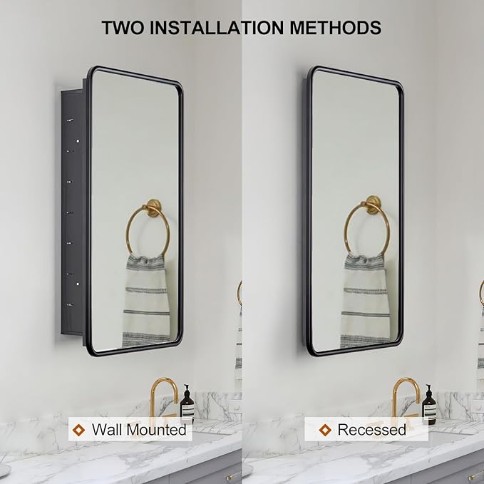 Black Bathroom Medicine Cabinet with Mirror 17 x 27 Metal Frame Recessed Or Wall Mounted Single Door Storage Medicine Cabinets with Adjustable Shelves Rounded Corner Beveled Mirrors