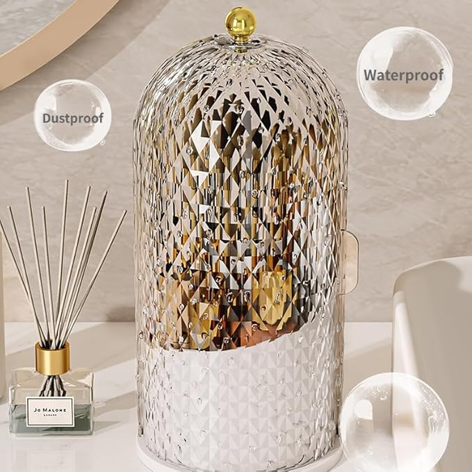 Makeup Brush Holder Organizer with 360° Rotating Lid Dustproof Makeup Brushes Organizer for Vanity Desktop Bathroom Countertop Clear Cover Easy Visibility (Black)