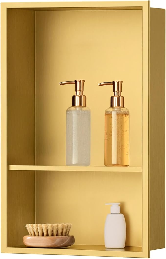 SaniteModar Shower Niche, Stainless Steel Shower Niche No Tile Needed, Recessed for Bathroom Storage (Brushed Gold, 18" x 12" Double)
