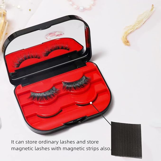 3 Tier Eyelash Storage Case Lash Dime Organizer Holder Box with Mirror Makeup Cosmetic Travel Case Empty False Lash Container (Black Red))