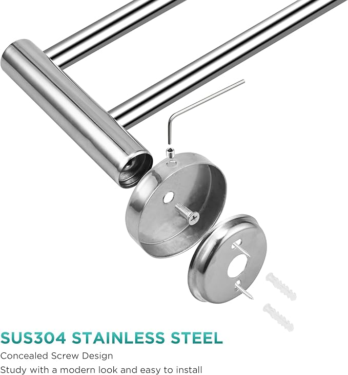 Retractable Towel Bar Flat Double Rod Bathroom Hand Towel Holder Stainless Steel Towel Rack Kitchen Towel Rail Adjustable from 15.1 to 24.4 Inch Wall Mounted Towel Rail with Screws | Polished Silver