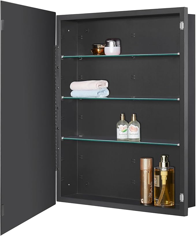 IDYLLOR Black Bathroom Medicine Cabinet with Beveled Edge Mirrored Door 24 x 30 inch, Recessed or Surface Mount, with Adjustable Glass Shelves
