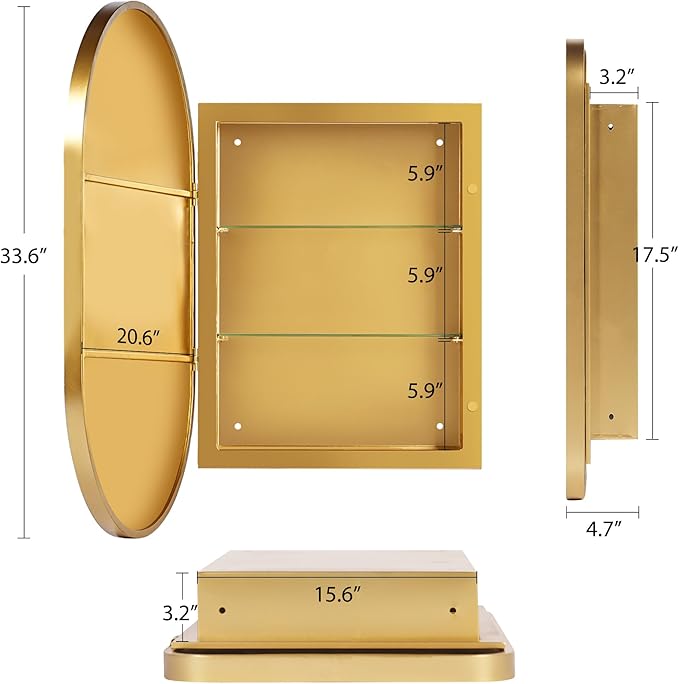 SogesHome Modern Medicine Cabinet with Mirror, 20"x34" Oval Decro Recessed Mirror Cabinet, Wall-Mount Bathroom Vanity Mirror with Storage with 2 Shelves, Perfect for Bathroom, Gold