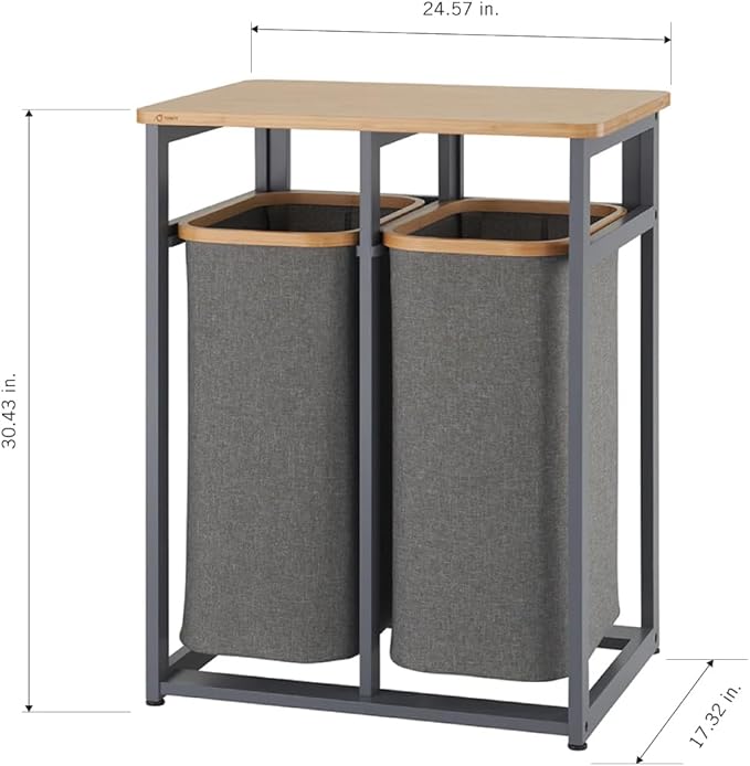 TRINITY EcoStorage Bamboo Wood Laundry Organizer Station with Folding Shelf and 2 Pull-Out Removeable Hamper Bags, Dark Gray