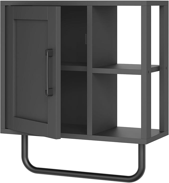 YATINEY Medicine Cabinet, Bathroom Wall Cabinet with Towel Bar, Adjustable Shelf and Open Partition, Over The Toilet Storage Cabinet, for Bathroom, Laundry Room, Living Room, Kitchen, Black