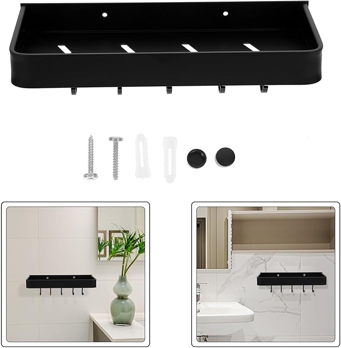 Unomor Wall-Mounted Aluminum Bathroom Shelf with Hooks 30cm Black Floating Storage Rack Bathroom Accessory for Home Organization