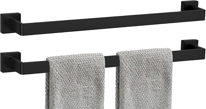 2 Packs 24 Inch Bathroom Towel Bar SUS304 Stainless Steel Matte Black Towel Holder Wall Mounted Heavy Duty Towel Rack Bathroom Towel Rod Modern Square Base Design(2, Matte Black, 24 Inch)