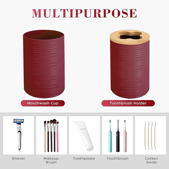 4 PCS Burgundy Bathroom Accessories Set, Includes a Soap Dispenser, Toothbrush Holder, Soap Dish and Mouthwash Cup, Plastics & Bamboo Bathroom Set, Bohemian Style Bathroom Sink Set