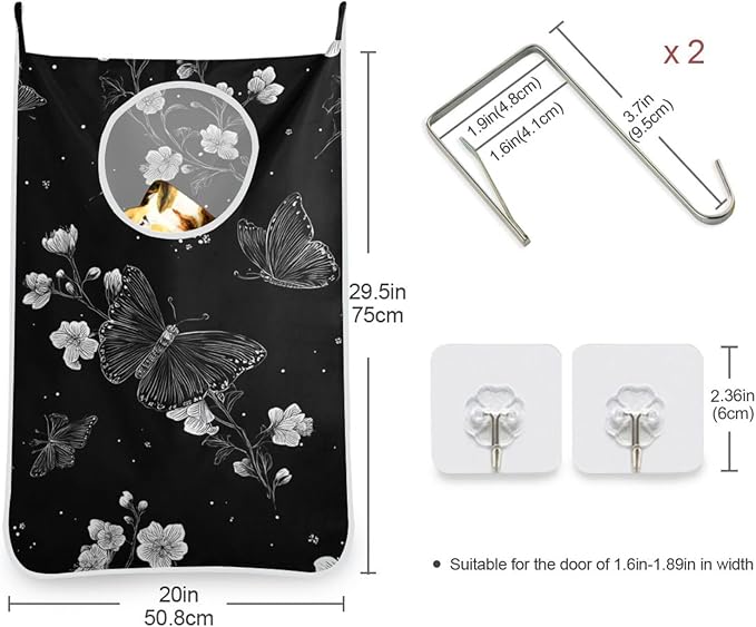 Door Hanging Laundry Hamper Bag with Free Adjustable Stainless Steel Hooks Dirty Clothes Hamper Extra Large Over the Door Laundry Hamper Butterfly Black 29.5X20inch 1 PCS