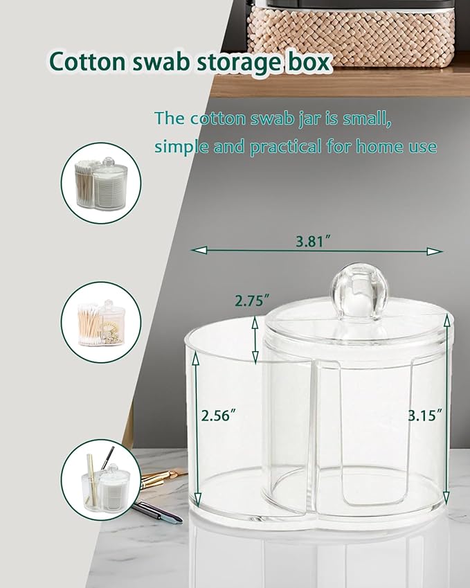 Clear Plastic 2-in-1 Cotton Swab Dispenser & Makeup Pad Holder - Shatterproof Bathroom Vanity Organizer Apothecary Jars for Cotton Rounds, Balls, Floss Picks, Hair Ties & Beauty Sponges