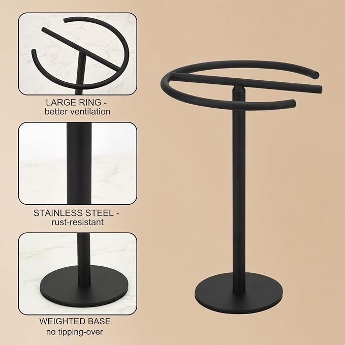 Hand Towel Holder Countertop 13-Inch Height Towel Stand Free-Standing Hand Towel Rack Double Hand Towel Rings for Bathroom Kitchen Countertop (Matte Black)