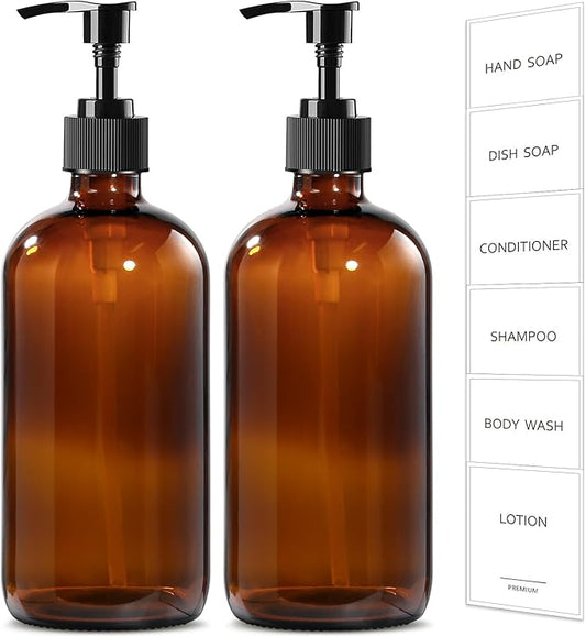 GMISUN Amber Glass Soap Dispenser, 2 Pack Bathroom Hand Soap Dispensers with Plastic Pump, 17 Fl Oz Kitchen Hand and Dish Soap Dispenser Set, Modern Vintage Liquid Brown Soap Dispensers Bottle