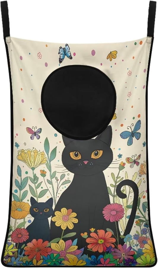 ZOUTAIRONG Black Cat Flower Hanging Laundry Hamper Kids Girls Laundry Basket Laundry Hamper Space Saving Home Storage Organizer Clothes Hampers