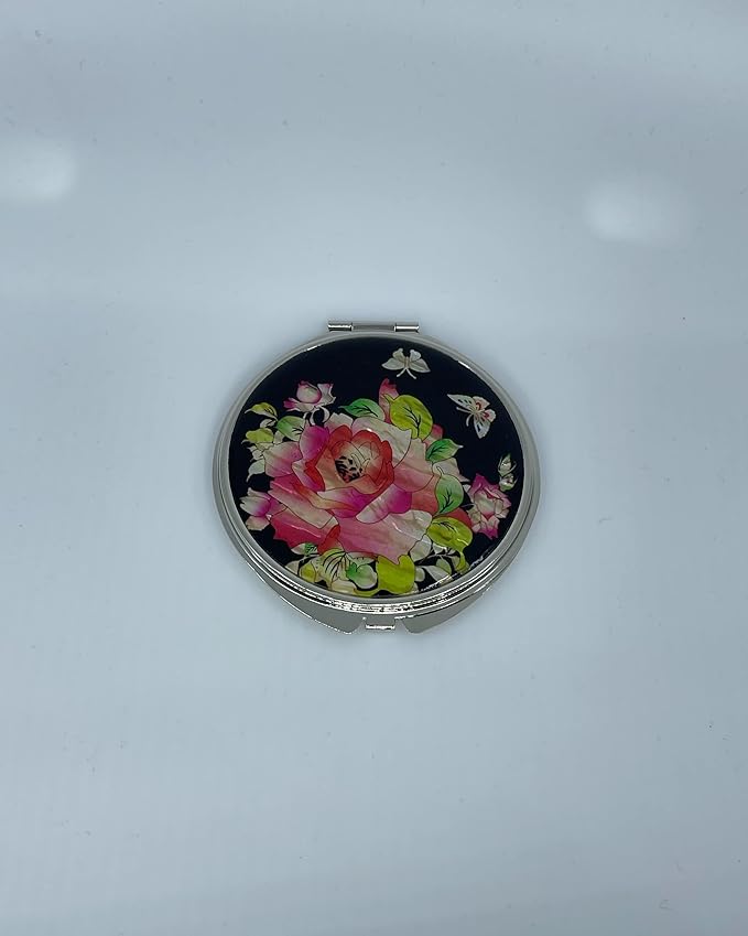 Portable Makeup Compact Double Magnifying Mirror Cosmestic Foldable Pocket Style Unique Mother of Pearl Design (Rose)