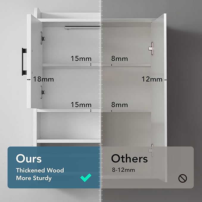 VANIRROR Bathroom Wall Cabinet with Door, Over The Toilet Wood Hanging Medicine Cabinets with DIY Lighting for Laundry Room Kitchen Storage