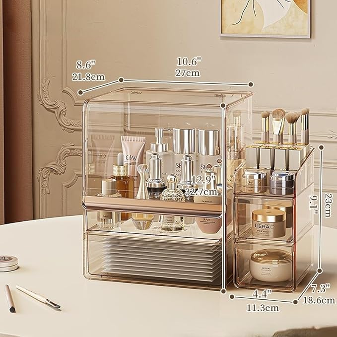 Makeup Organizer with Lid Drawers Translucent Skincare Holder Large Capacity Cosmetics Countertop Storage Box for Vanity Easy Visibility Dustproof (Gold Clear,Large + Brush Holder)