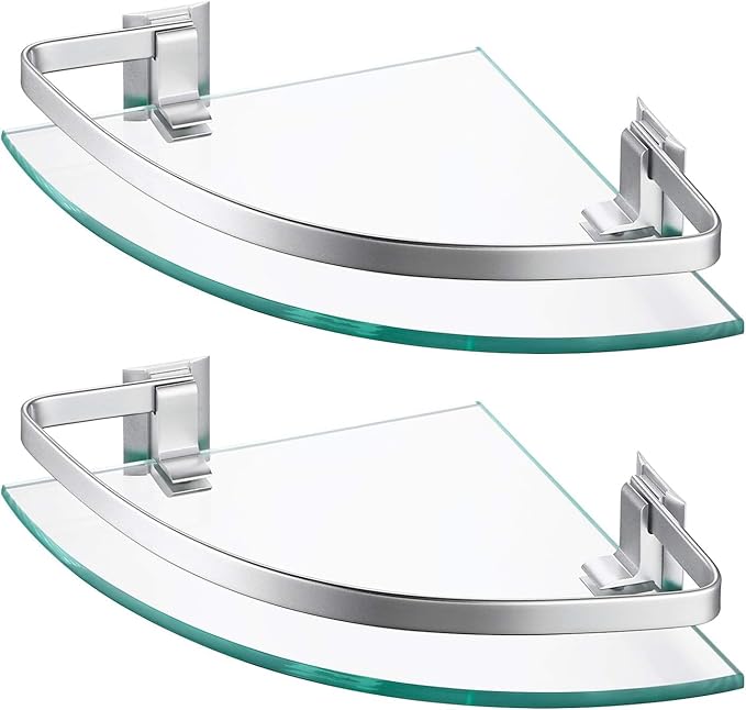 KES Glass Corner Shelf Bathroom, Corner Glass Shelf with Rail Wall Mount 2 Tier Sand Sprayed Silver Finish, A4120A-P2