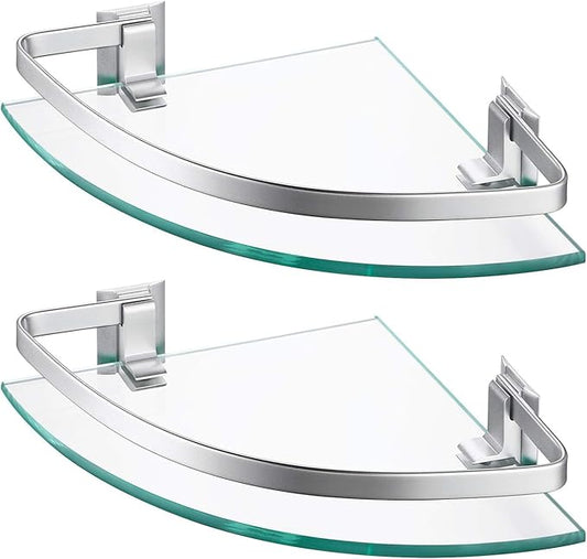 KES Glass Corner Shelf Bathroom, Corner Glass Shelf with Rail Wall Mount 2 Tier Sand Sprayed Silver Finish, A4120A-P2