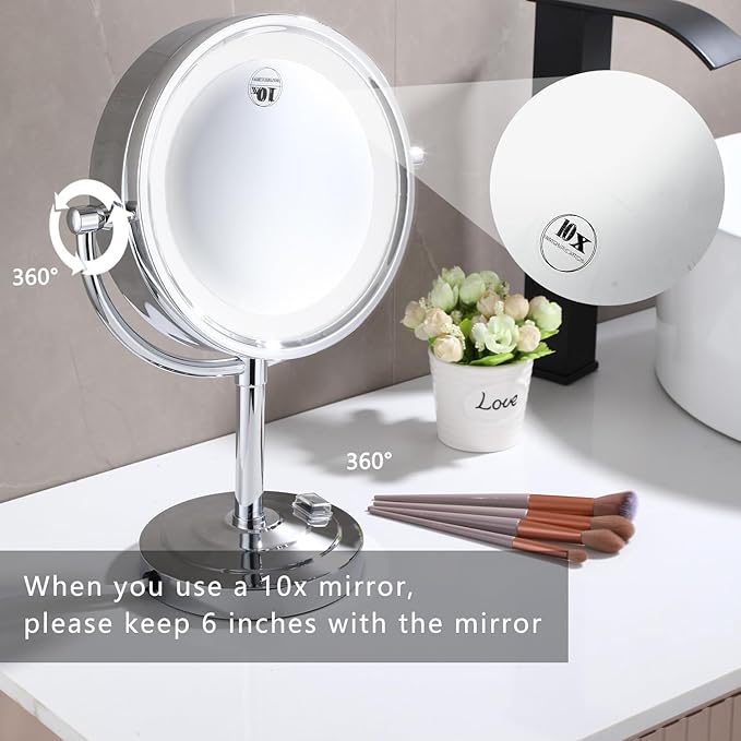 8.5 inch LED Makeup Mirror with 10X Magnification,has Three Colors Lights,Extendable Bathroom Mirror,Tabletop Two-Sided, Antique Brass Finish(8.5in,10X) (Chrome, 10x Magnification)