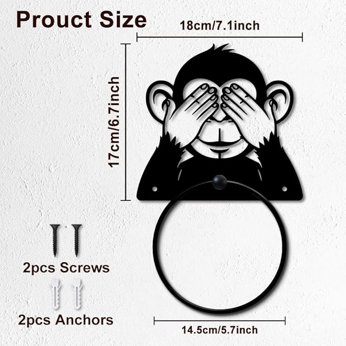 MAYJOYDIY Monkey Metal Towel Ring Round Animal Hand Towel Holder Ring Hanger Black Vintage Towels Wall Organizer for Kitchen Bath Home Laundry Room Decors Gifts