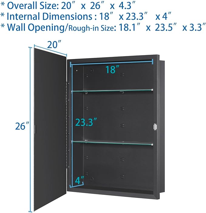IDYLLOR Black Bathroom Medicine Cabinet with Beveled Edge Mirrored Door 20 x 26 inch, Recessed or Surface Mount, with Adjustable Glass Shelves