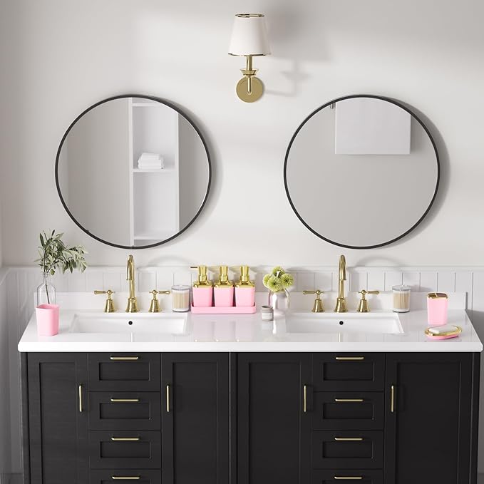 Bathroom Set — Bathroom Accessories Set, 11PC Bathroom Accessory Set, Pink Bathroom Set with Push-lid Trash Can, 3PC Soap Dispensers, Toilet Brush & Qtip Holders