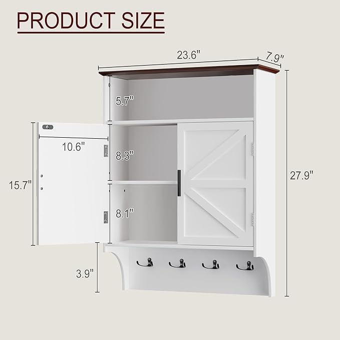 VECELO Farmhouse Bathroom Wall Cabinet, Medicine Cabinet with 4 Hooks, Wall Mounted Storage Cabinet with Open Partition and Adjustable Shelves for Bathroom, Kitchen, Laundry Room, White