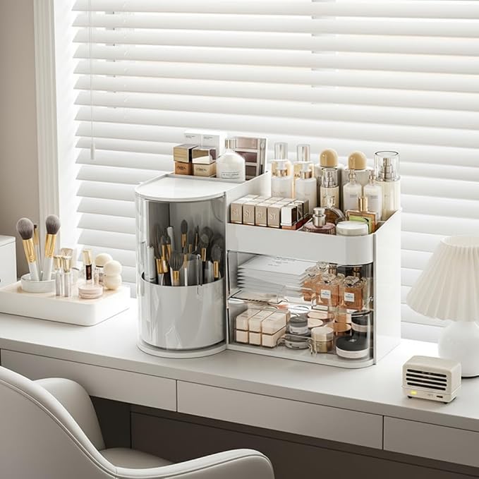Makeup Organizer with Rotating ,Large Bathroom Countertop Cosmetic Organizer with Brushes Holder,Skincare Storage Organizer,Ideal makeup holder for Skincare,Lipstick and other items (Simple white)