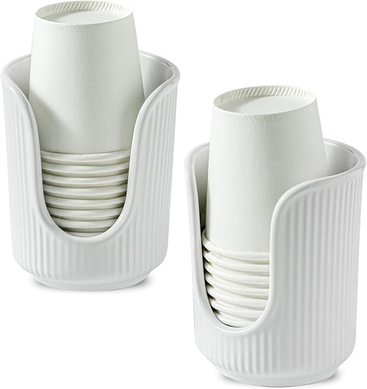 Dobbyby Ceramic Bathroom Cup Dispenser with Stylish Vertical Stripes - Disposable Mouthwash Cup Holder Holds 3-4oz Paper Cups for Rinsing Cups on Bathroom Vanity Countertops (White-White-2 Pack)