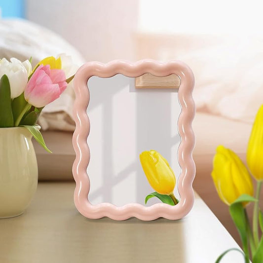 Philbinden Cute Wave-Shaped Desk Vanity Makeup Mirror, Portable Folding Travel Makeup Mirror for Standing/Hanging, Home Decorations for Women Girls (1, Pink)