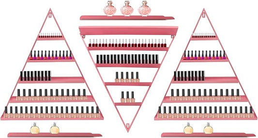 5 Tier Wall-Mounted Metal Nail Polish Display Rack,Simple Triangular Storage Shelves,Essential Oil and Perfume Organizers,Cosmetic Display Cases for Home Spa Nail Salon Shop (Pink)