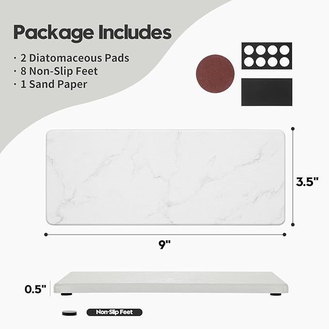 2PCS Water Absorbing Stone Drying Tray for Kitchen Counter, Diatomite Mat Vanity Caddy for Bathroom Sink, Faucet Splash Guard,Soap Dispenser Rack Sponge Holder Organizer, Marble White, 9"x3.5"
