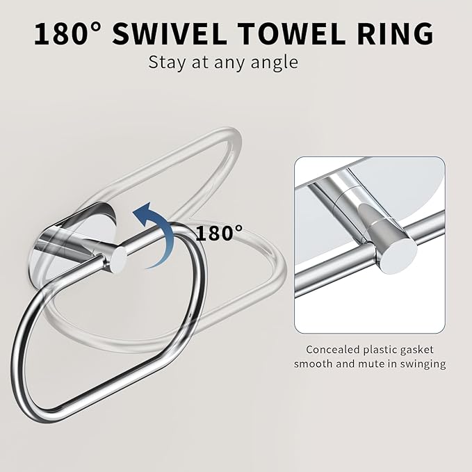 Adhesive Towel Holder for Bathroom Polished Chrome No Drill Hand Towel Ring Stainless Steel and Zinc Alloy Self Adhesive Towel Hanger for Bath, Kitchen