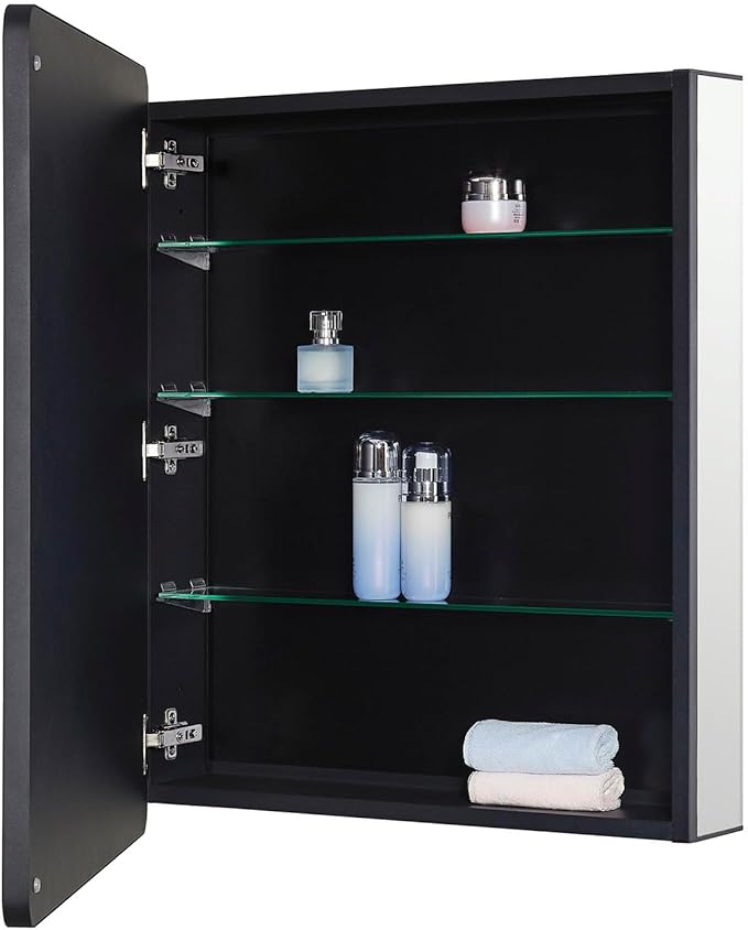 IDYLLOR Black Bathroom Mirror Medicine Cabinet with Round Corner Framed Door 24 x 30 inch, Recessed or Surface Mount, with Adjustable Glass Shelves