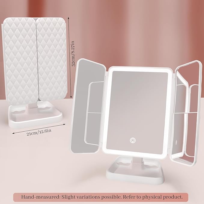 LED Tri-Fold Vanity Mirror with Lights, Touch Screen and 3X/2X/1X Magnification with 3 Color & Adjustable Brightness, Portable Rechargeable Makeup Mirror Pro with Lights Dollar for Desk Dorm Travel