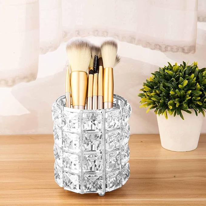 AKOAK 1 Pack Crystal Makeup Brush Holder Office Supplies Storage Rack Eyebrow Pencil/Lipstick/Pencil Makeup Container, Dressing Table, Bedroom, Office (Silver)