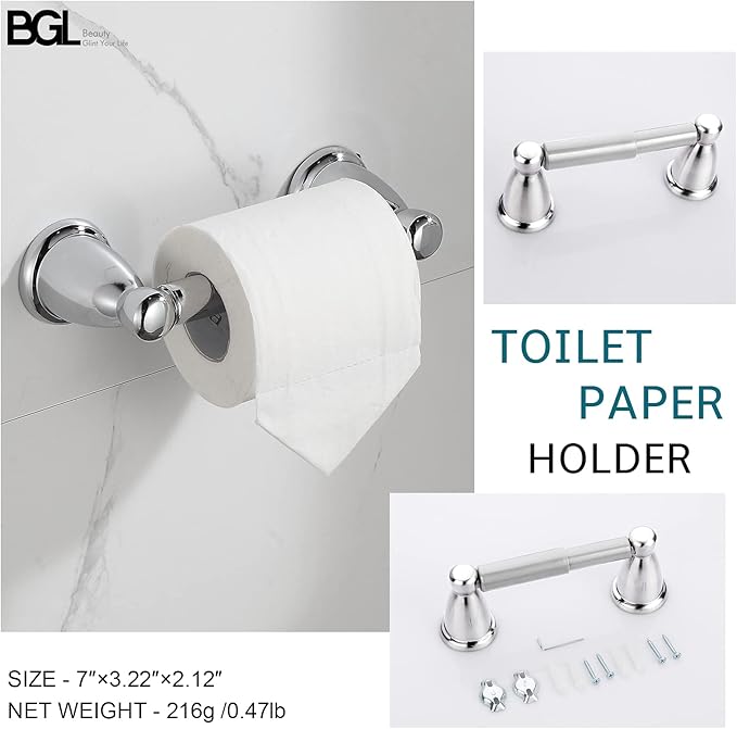 BGL 4-Piece Bathroom Accessory Set Chrome Bathroom Hardware Set 24 Inches Adjustable Towel Bar Towel Ring Paper Holder Robe Hook