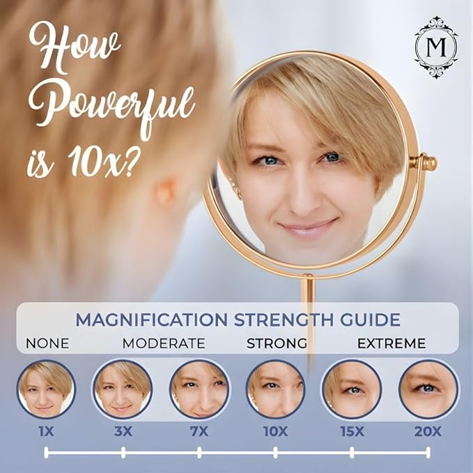 MIRRORVANA 10X Magnifying Makeup Mirror on Round Stand for Tabletop, Bedroom Vanity Desk and Bathroom Counter - Free Standing Double Sided 10X/1X Magnification Mirror - 7" Wide and 14" Tall (Gold)