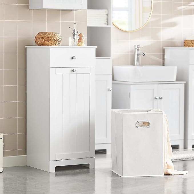 SoBuy Slim Tilt-Out Laundry Hamper Cabinet, Smal Pull-Out Bathroom Storage Unit with Shelf&Drawer, Narrow Hidden Basket Chest Bath Cupboard, White BZR21-W