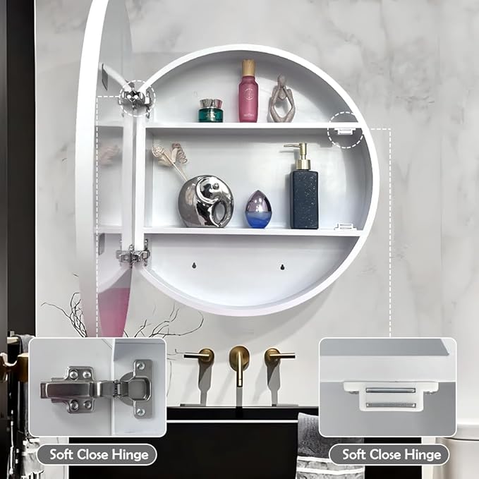 Round Medicine Cabinet,Medicine Cabinet with Mirror,Aluminum Framed,Soft Close Hinge,24inch,White