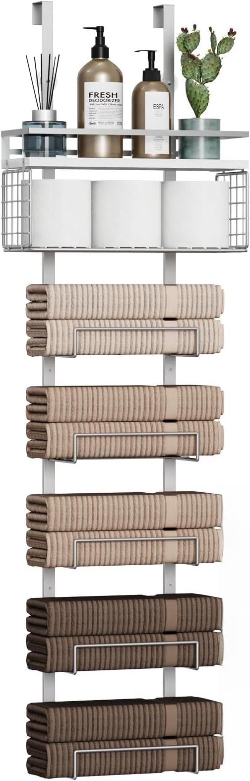 Aetyord Towel Racks for Bathroom Over The Door Towel Racks Towel Storage Organizer with Metal Shelf Basket for Bathroom Rv Camper (7-Tier Silver)