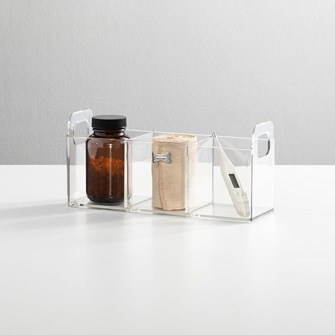 mDesign Plastic 3-Compartment Bathroom Organizer Storage Bin - Divided Makeup Caddy and Hair/Beauty Product Holder Tray - Perfect for Vanity, Counter, and Cabinet - Lumiere Collection, 2 Pack, Clear