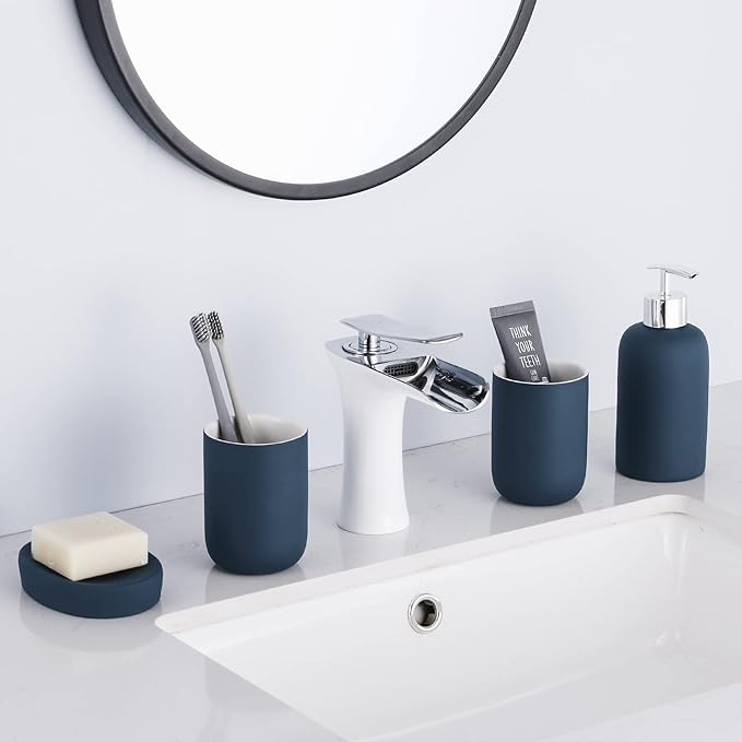 DUFU Blue Bathroom Accessory Set 4 Pieces, Ceramic Bathroom Set for Bathroom Decor, Accesorios para Baños, Blue Bathroom Accessories with Soap Dispenser, Soap Dish and 2 Tumbler