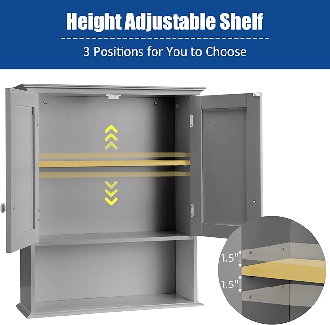 COSTWAY Wall Mounted Bathroom Cabinet, Over the Toilet Storage Cabinet w/Double Doors & Adjustable Shelf, Wood Hanging Medicine Cabinet for Living Room, Entryway, Kitchen (Gray)